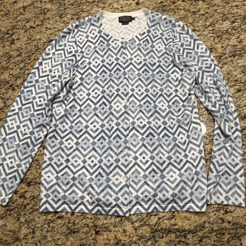 Pendleton Womens Blue White Geometric Diamond Cotton Cardigan Sweater‎ Size L